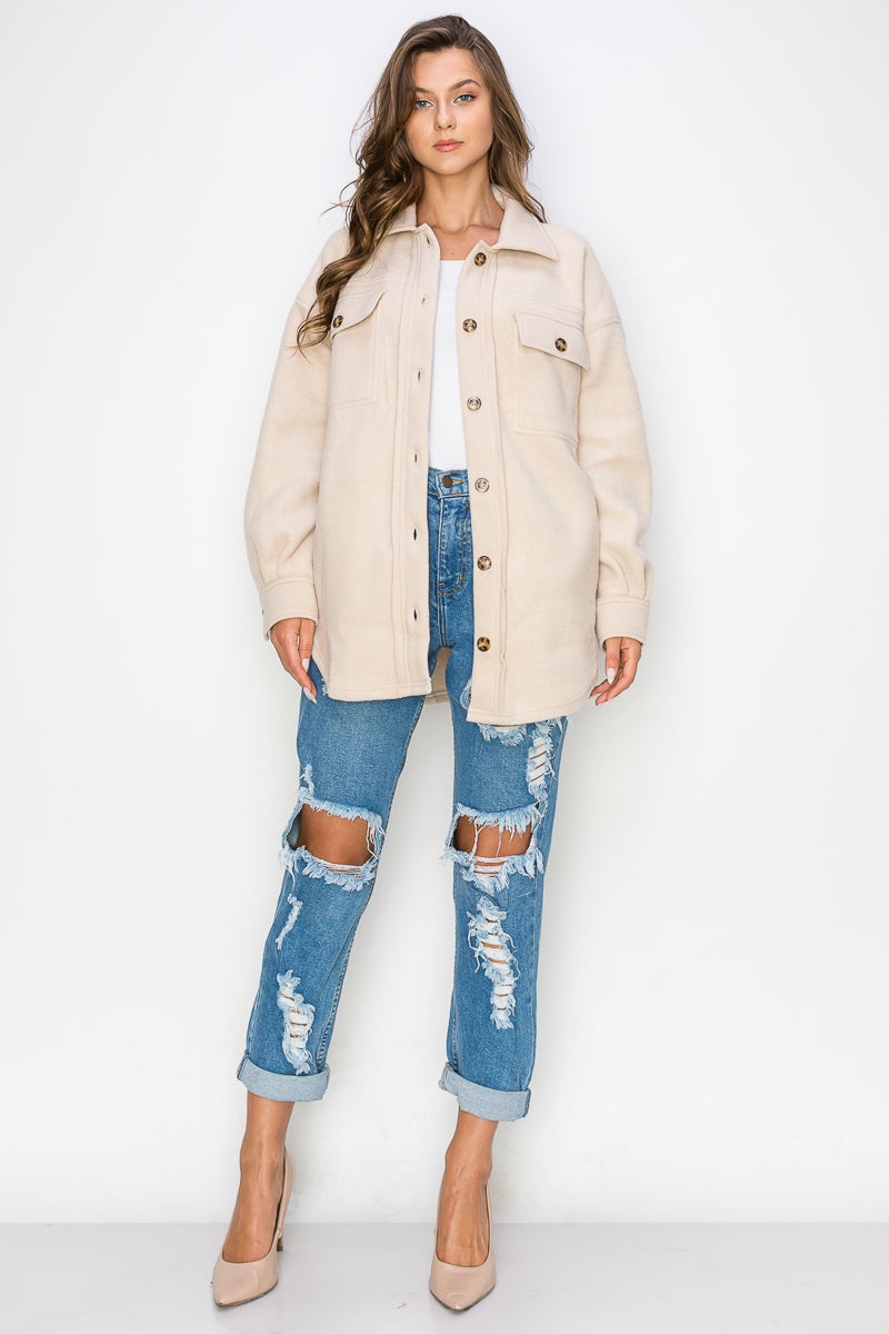 WK0022 PK3 Fleece Button Down Oversized Jacket | Burzip Inc #WK0022-PK3
