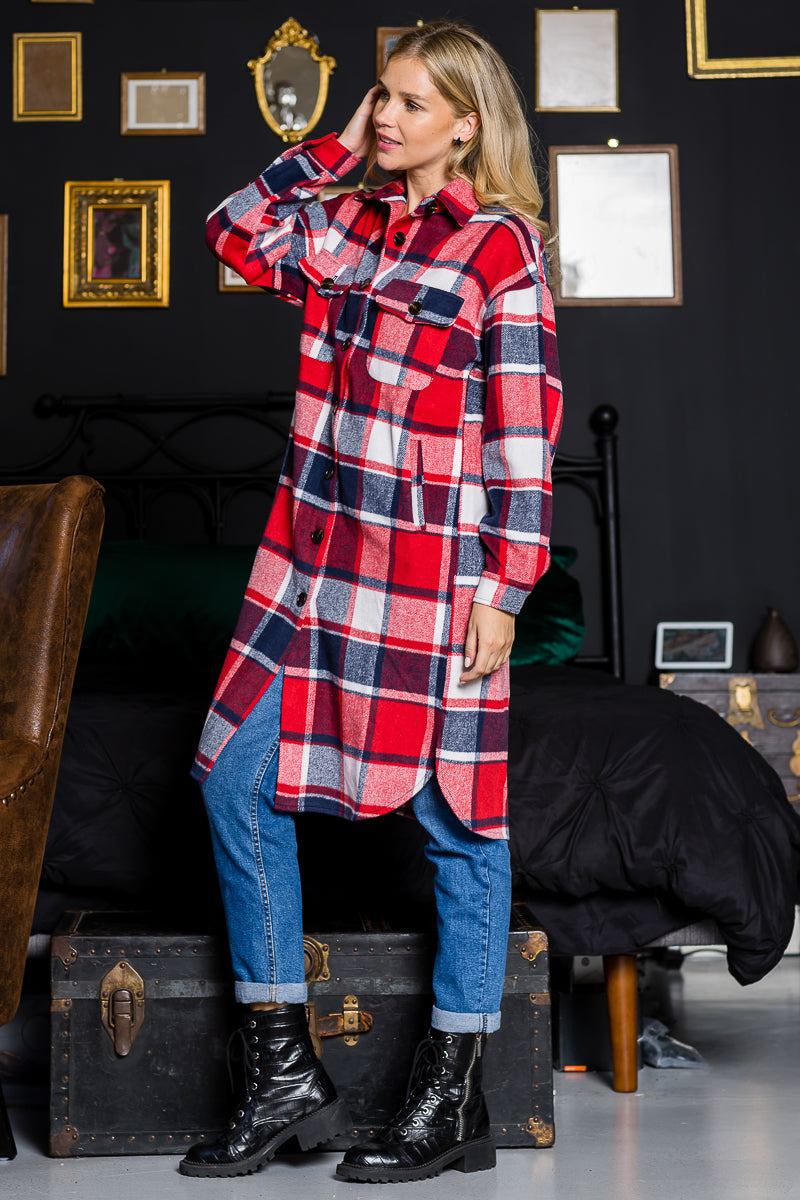 WK0034 PK3 Plaid Casual Long Shacket | Burzip Inc #WK0034-PK3