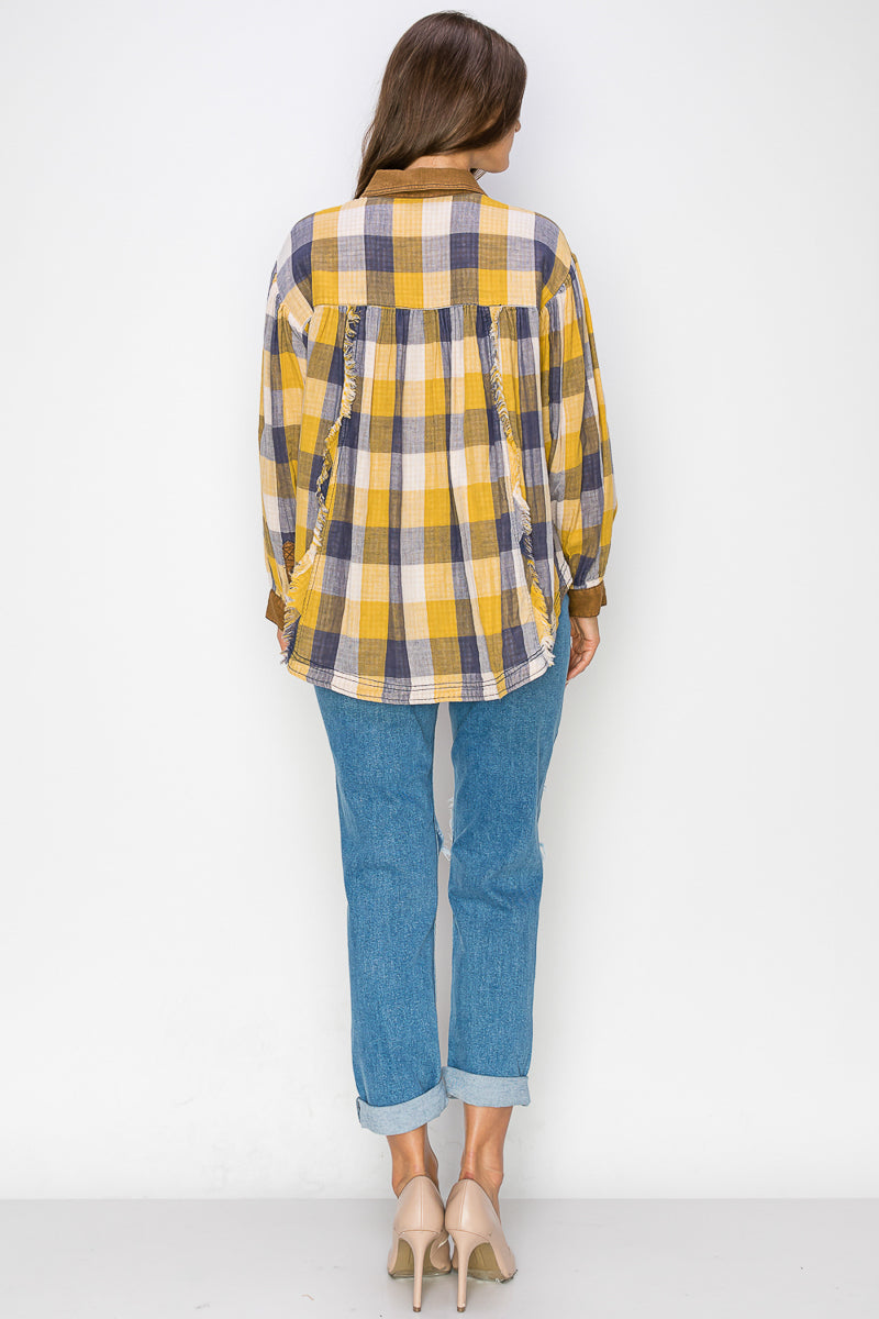 WT0035-1PC-WASHED BALLOON SLEEVES PLAID SHIRTS-$20/PC (TEST SAMPLE)