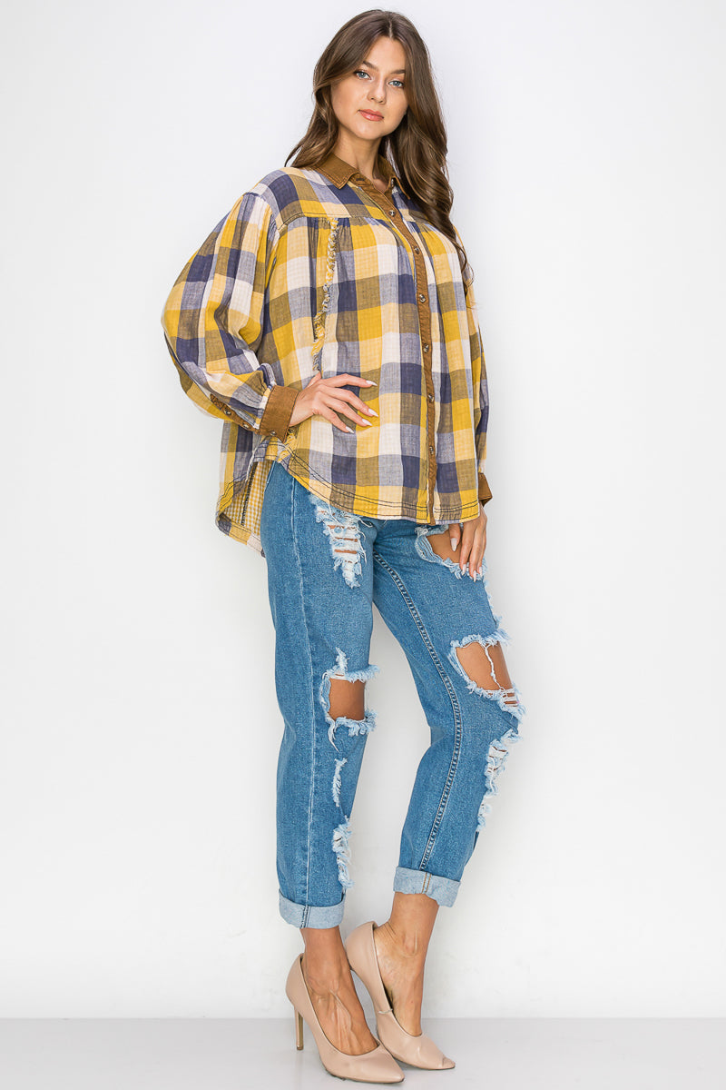 WT0035-1PC-WASHED BALLOON SLEEVES PLAID SHIRTS-$20/PC (TEST SAMPLE)