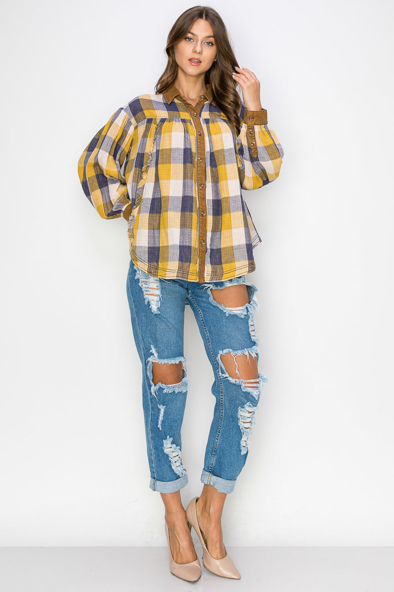 WT0035-1PC-WASHED BALLOON SLEEVES PLAID SHIRTS-$20/PC (TEST SAMPLE)