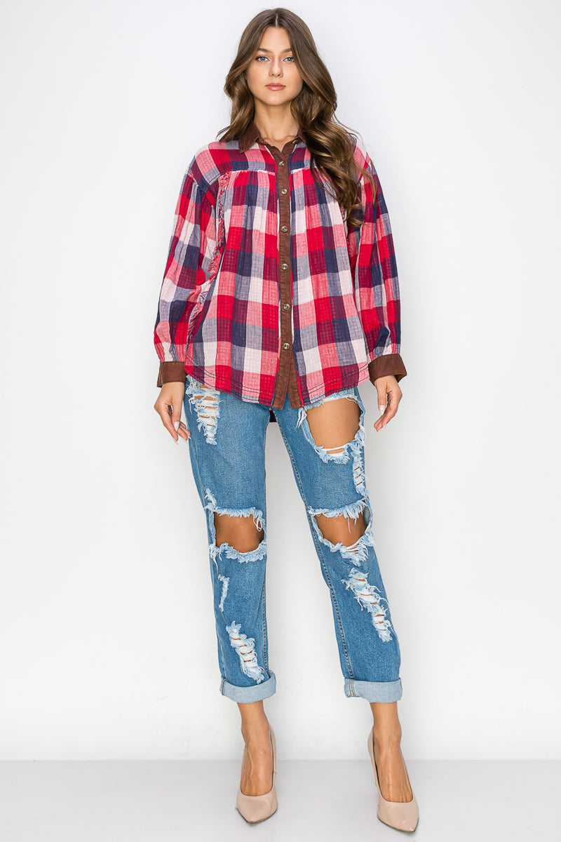 WT0035-1PC-WASHED BALLOON SLEEVES PLAID SHIRTS-$20/PC (TEST SAMPLE)