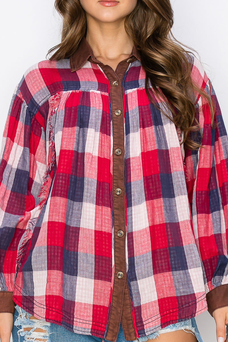 WT0035 PK3 Washed Balloon Sleeves Plaid Shirts | Burzip Inc #WT0035-PK3