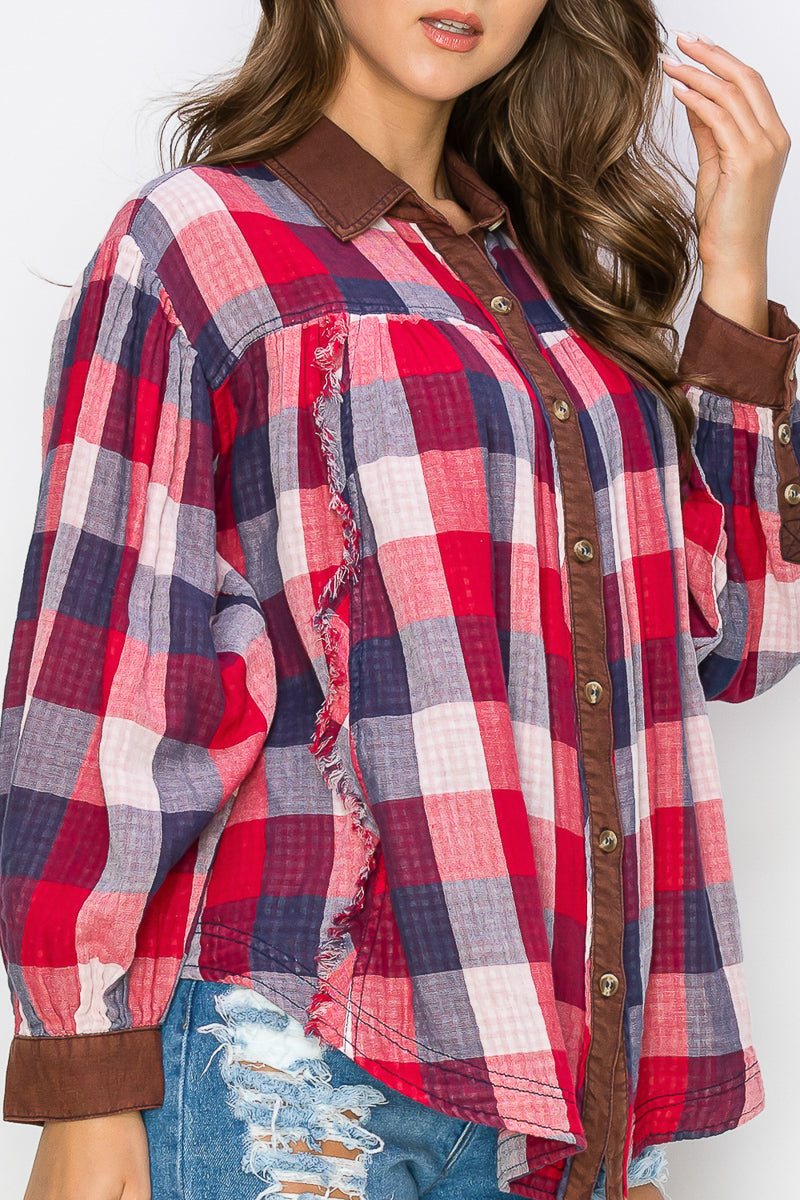 WT0035-1PC-WASHED BALLOON SLEEVES PLAID SHIRTS-$20/PC (TEST SAMPLE)