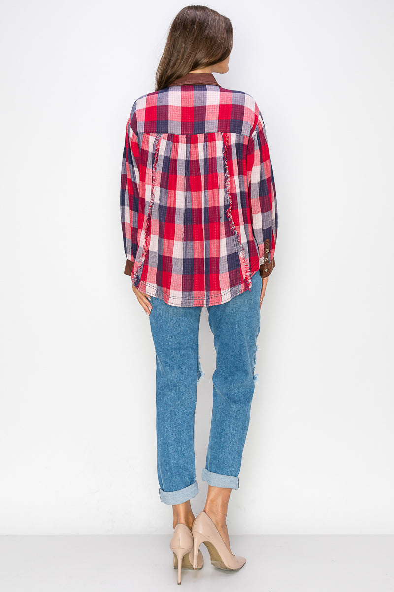 WT0035-1PC-WASHED BALLOON SLEEVES PLAID SHIRTS-$20/PC (TEST SAMPLE)