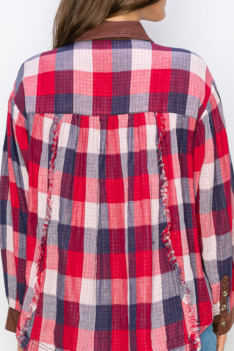 WT0035 PK3 Washed Balloon Sleeves Plaid Shirts | Burzip Inc #WT0035-PK3