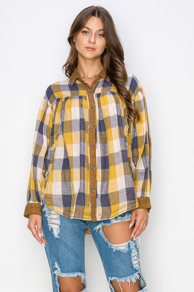 WT0035-1PC-WASHED BALLOON SLEEVES PLAID SHIRTS-$20/PC (TEST SAMPLE)