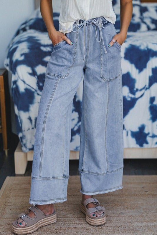 Prussian Blue Drawstring Seam Detail Raw Hem Wide Leg Denim Pants