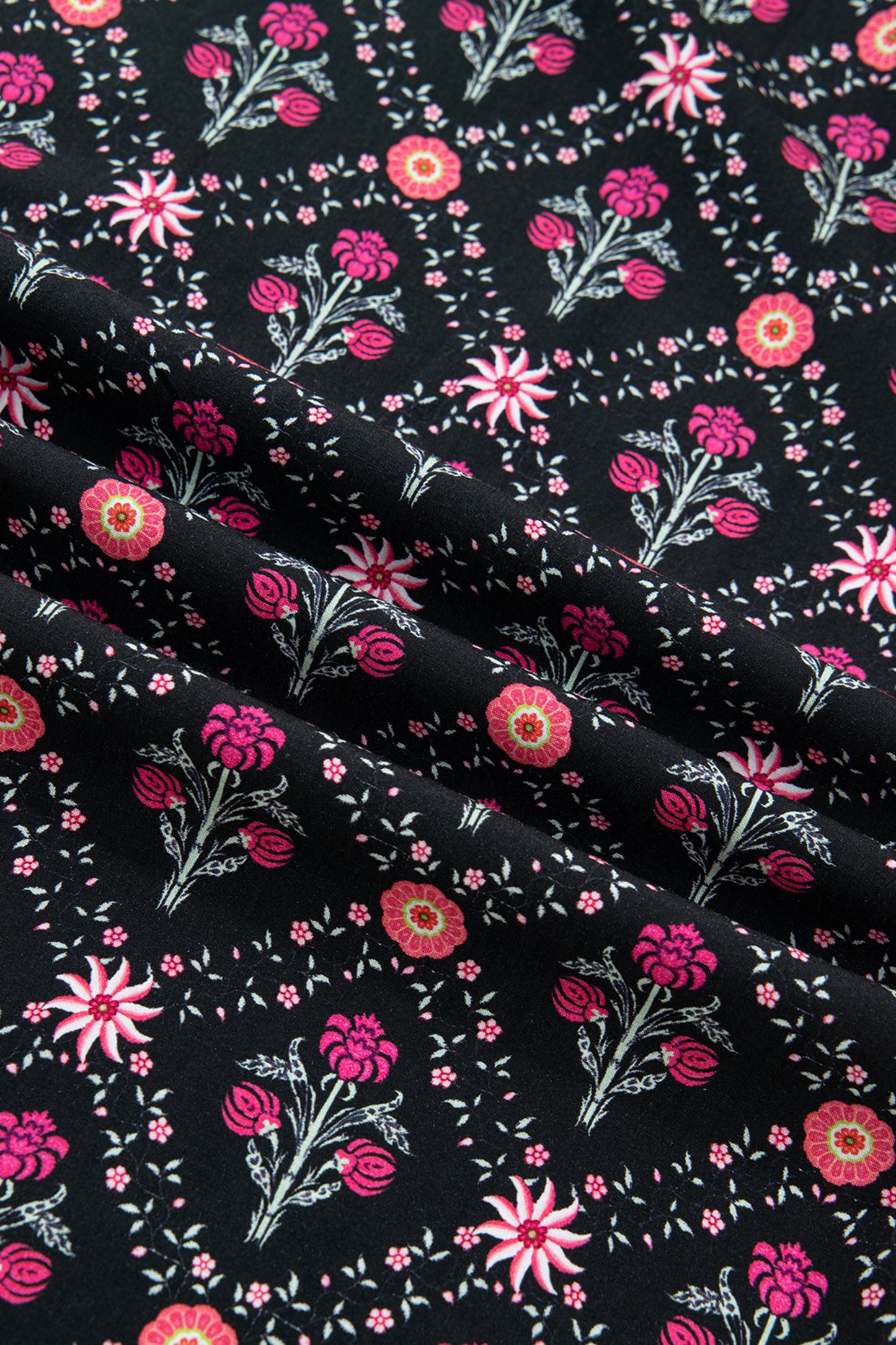 Black Contrast V Neckline Bracelet Sleeve Vintage Floral Blouse