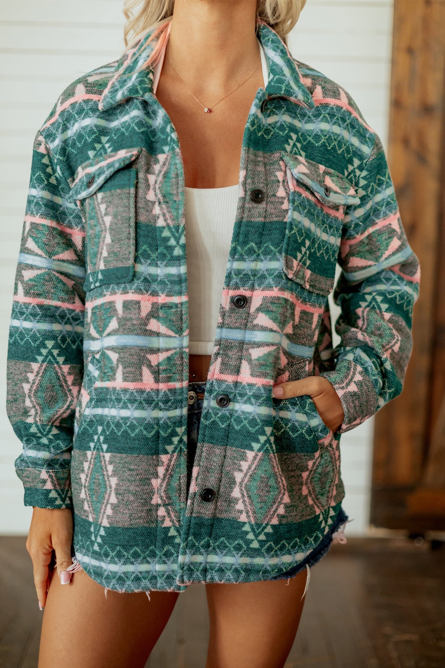 Green Geometric Print Button Front Long Sleeve Shacket