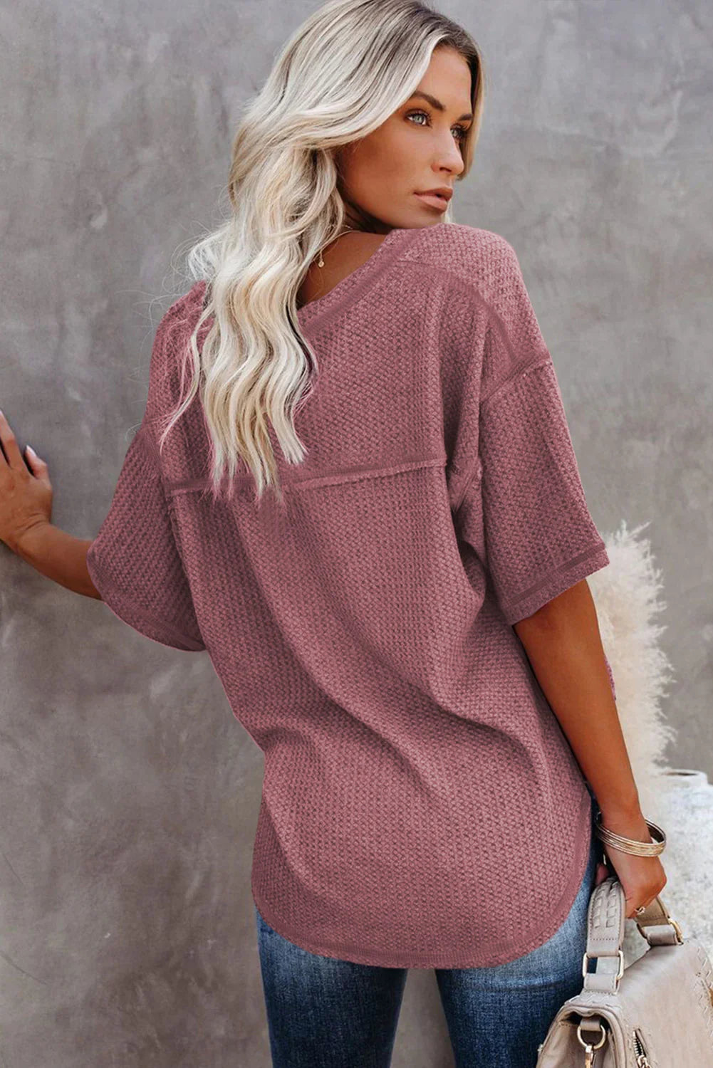 Blue Exposed Seam Drop Sleeve V Neck Waffle Textured Top