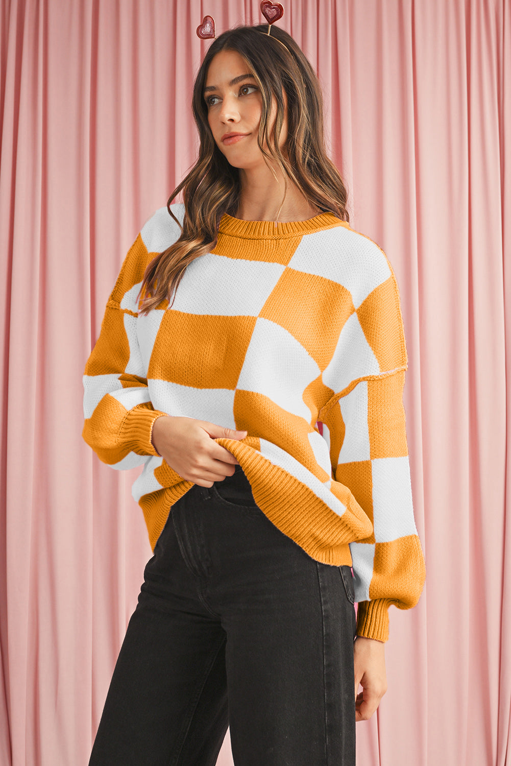 Dark Brown Plaid Bishop Sleeve Pullover Sweater