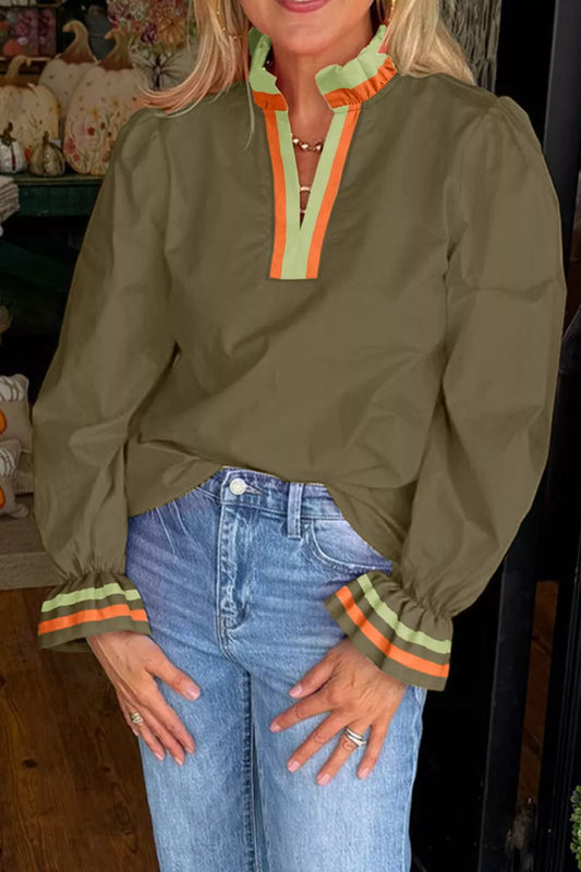 Notched Flounce Sleeve Blouse