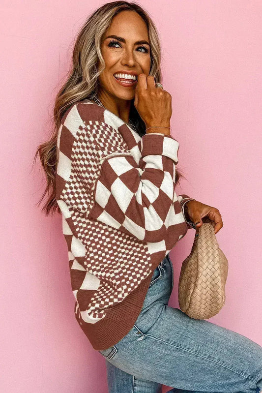 Brown Checkered Print Drop Shoulder Round Neck Sweater