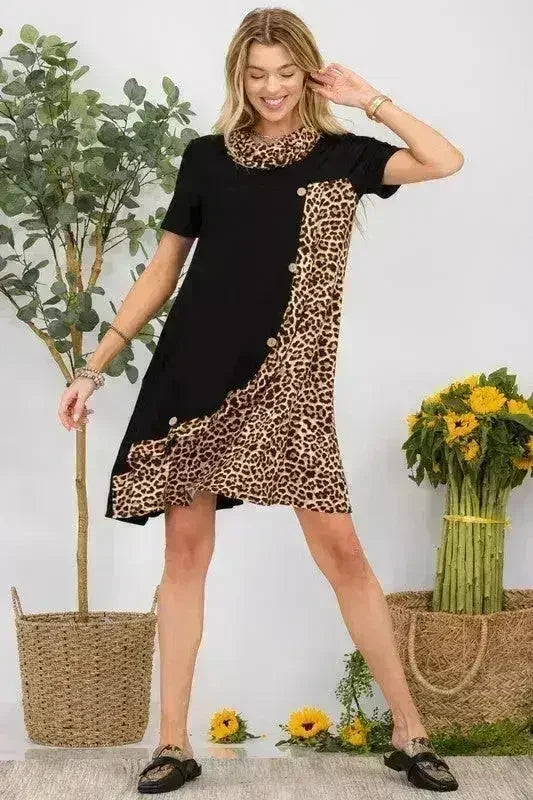 Leopard Print Button Detail Short Sleeve Dress Plus Size - Femstylo