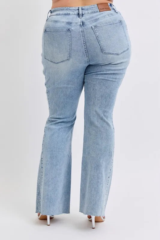 Judy Blue Full Size Mid Rise Rhinestone Side Panel Detail Flare Jeans Plus Size