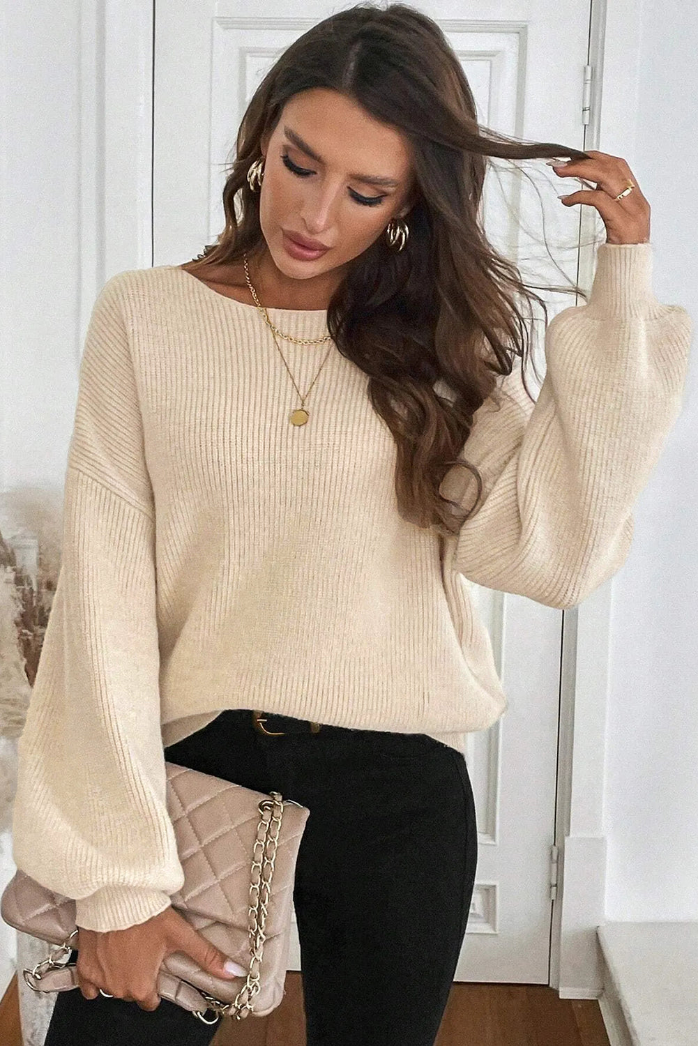 Jet Stream Ribbed Knit Ribbon Knot Backless Drop Shoulder Sweater
