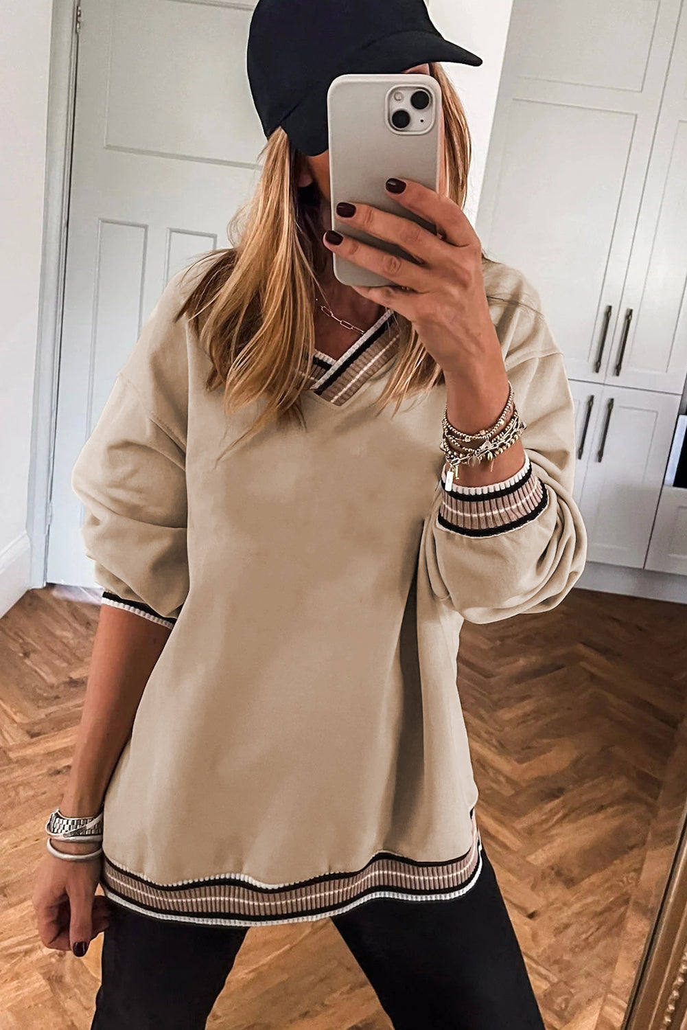 Gray Varsity Contrast Trim V Neck Sweatshirt