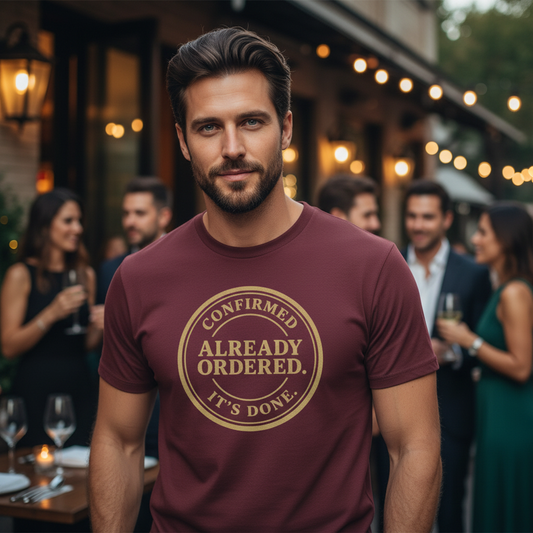 Already Ordered Tee — 'Confirmed. It's Done.' Vintage Stamp Graphic T-Shirt