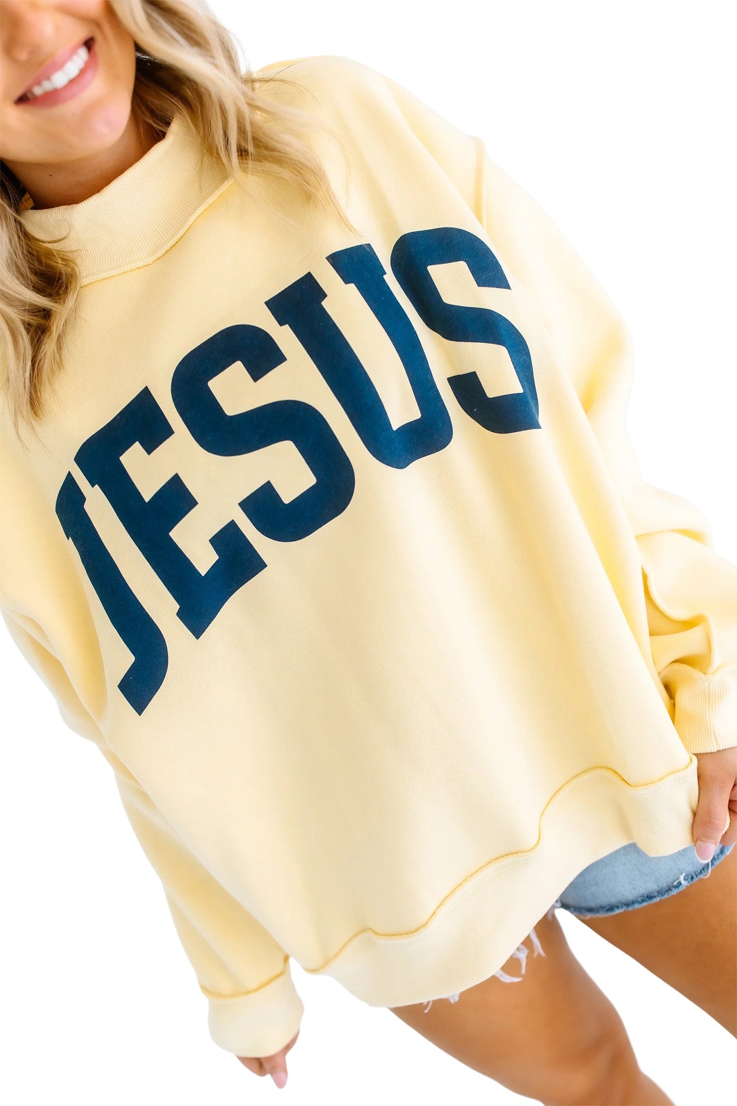 Yellow Jesus Slogan Stand Neck Long Sleeve Oversized Tunic Plus Size Sweatshirt