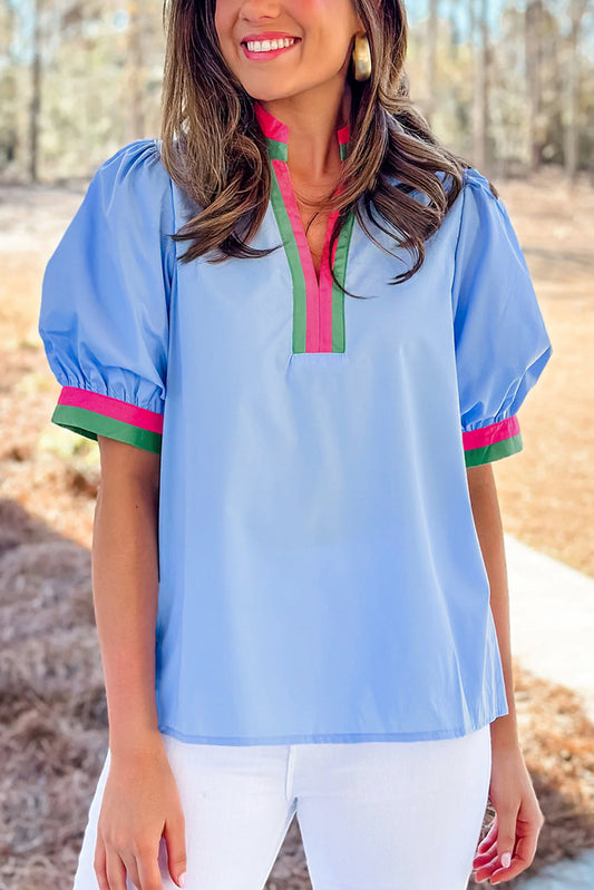 Sky Blue Puff Sleeve Pop of Color Neckline Blouse