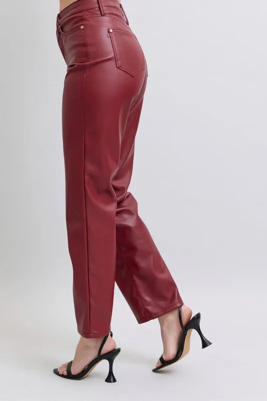 Judy Blue Full Size High Waist Tummy Control Faux Leather Straight Pants Plus Size