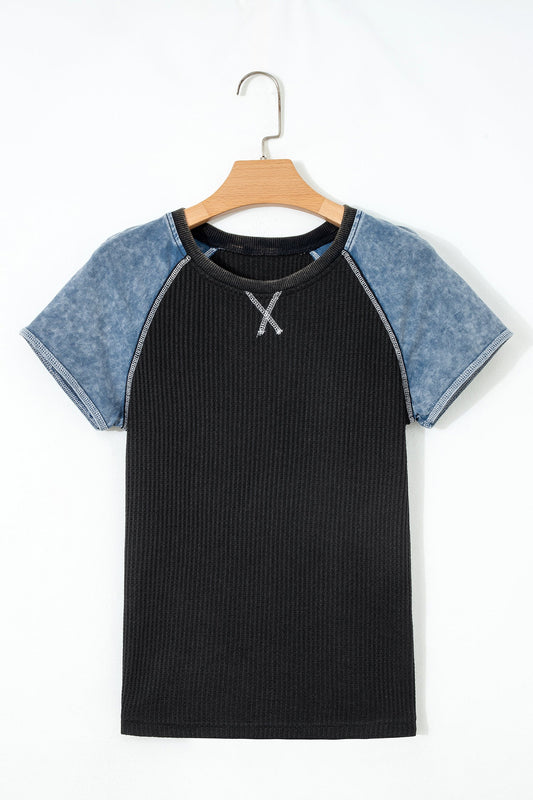 Carbon Grey Waffle Knit Seam Detail Color Block Patchwork Short Sleeve Top