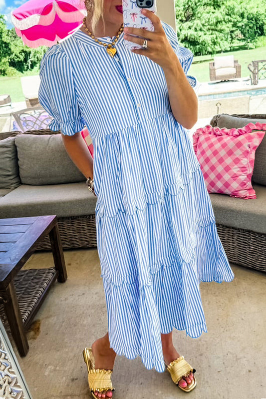 Sky Blue Stripe Bubble Sleeve Scallop Tiered Dress