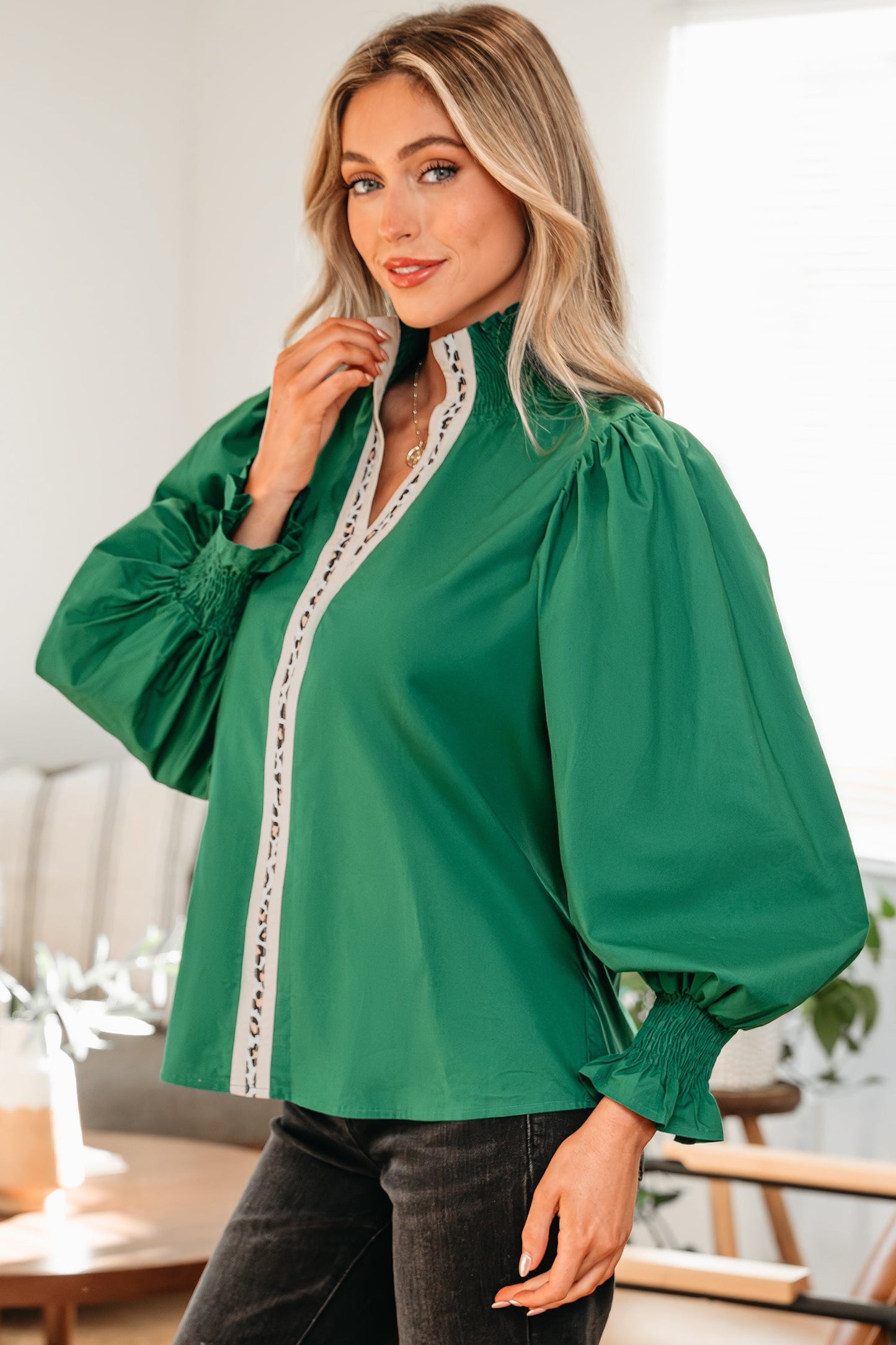 Black Puffy Flounce Sleeve Leopard Trim V Neck Blouse