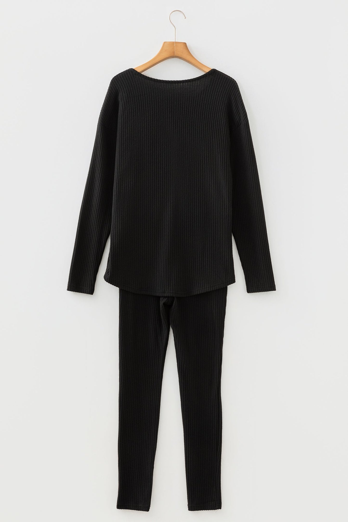 Black Ribbed Notched Neck Knit Long Sleeve Leggings Two Pieces Lounge Set