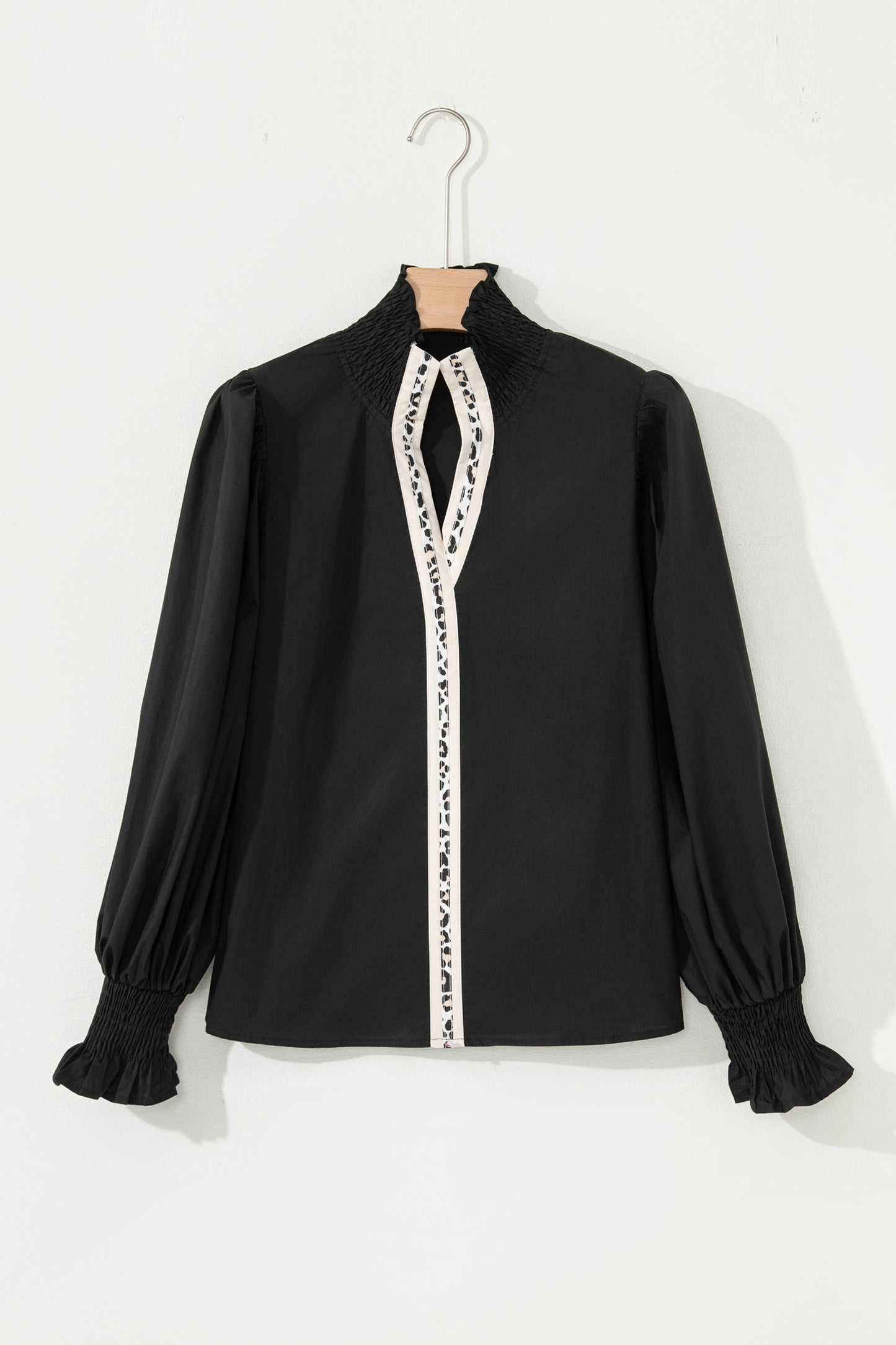 Black Puffy Flounce Sleeve Leopard Trim V Neck Blouse