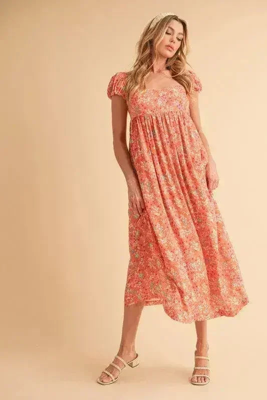 Floral Cutout Back Midi Dress - Square Neck & Puff Sleeves | Femstylo
