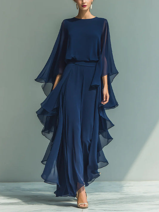 Ruffle Edge Wide-Leg Pants Set – Elegant Long Sleeve Two-Piece Outfit for Women