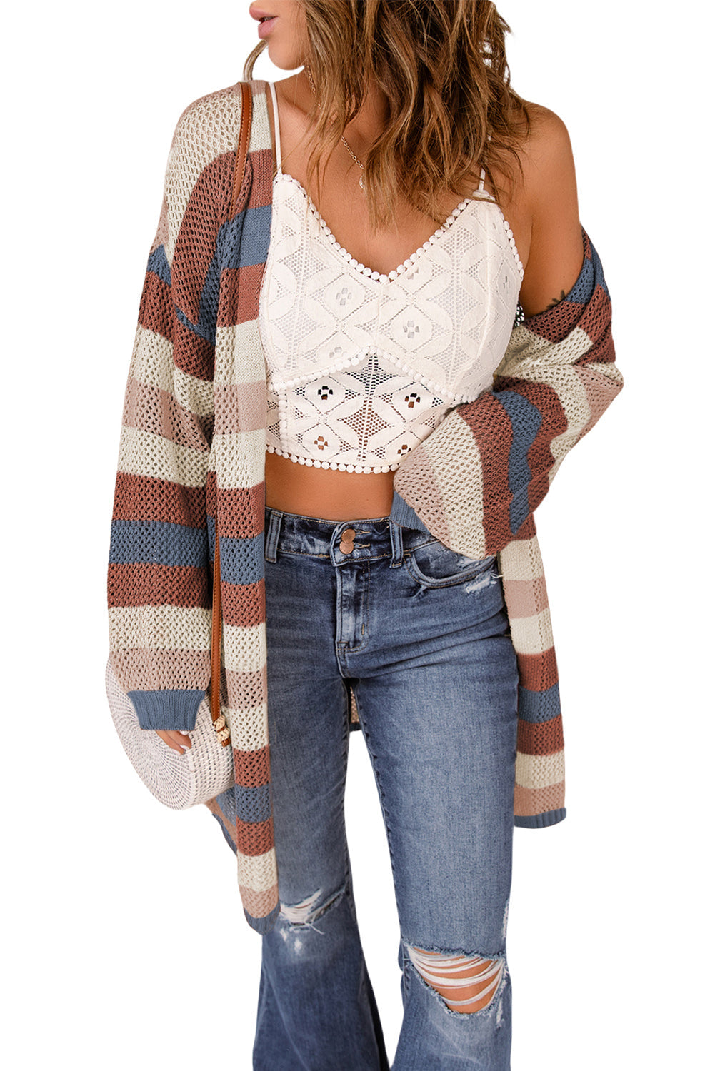Dark Blue Color Block Striped Cut Out Knit Cardigan