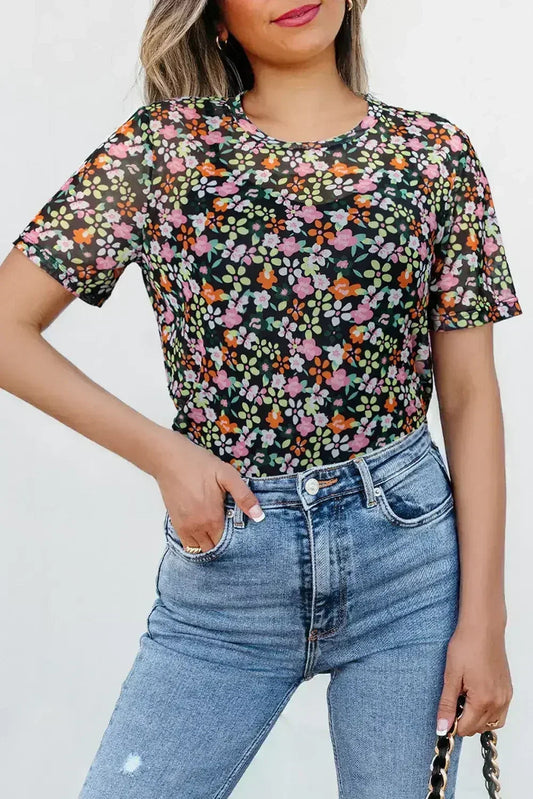 Black Sheer Mesh Floral Round Neck T Shirt with Camisole