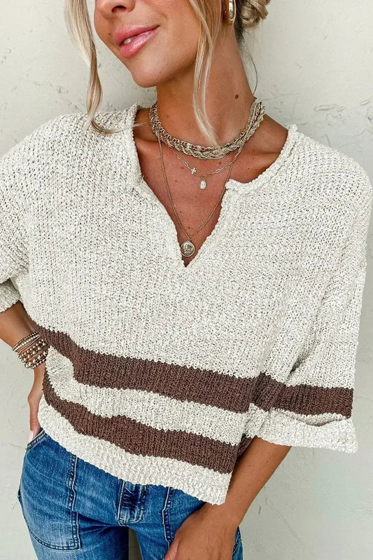 Brown Stripe Cropped Drop Sleeve Sweater