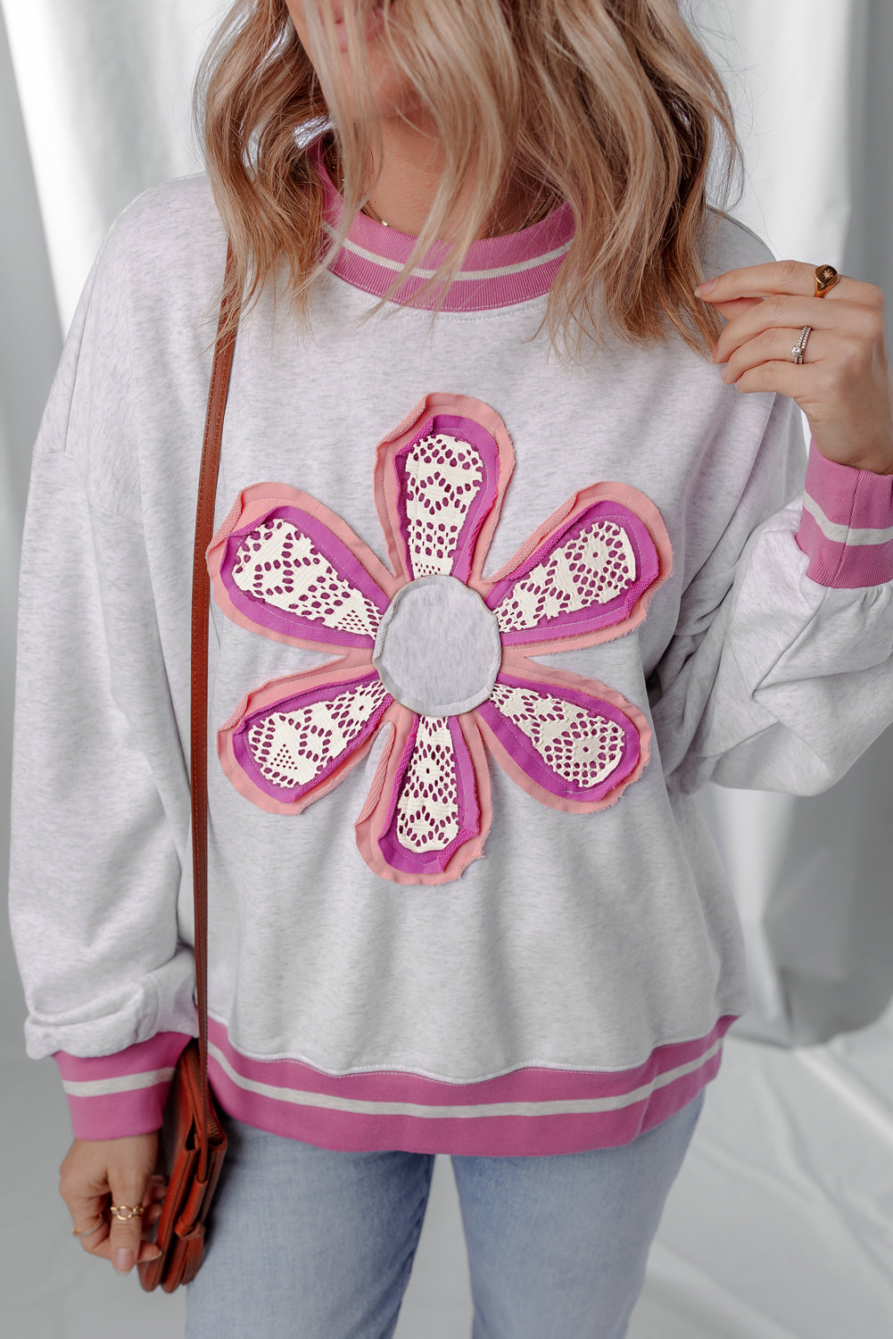 Gray Flower Patch Contrast Trim Crew Neck Sweatshirt