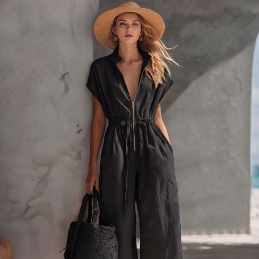 Retro Resort V-Neck Jumpsuit – Drop Shoulder, Loose Fit