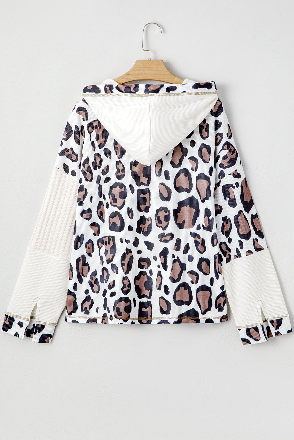 Apricot Leopard Mixed Texture Patchwork Zip Up Drop Shoulder Hoodie