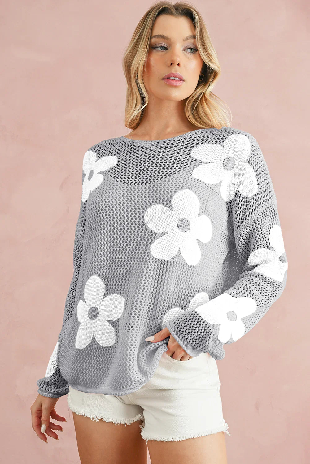 60s Flower Drop Shoulder Hollow Knit Top Light Grey -Femstylo