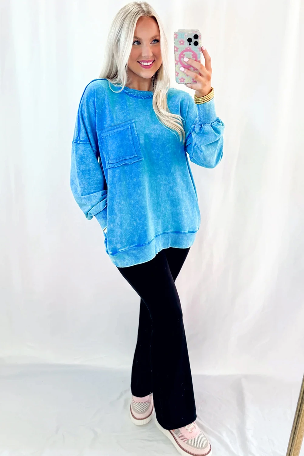 Blue Mineral Wash Raw Seam Double Patched Pocket Pullover Sweatshirt