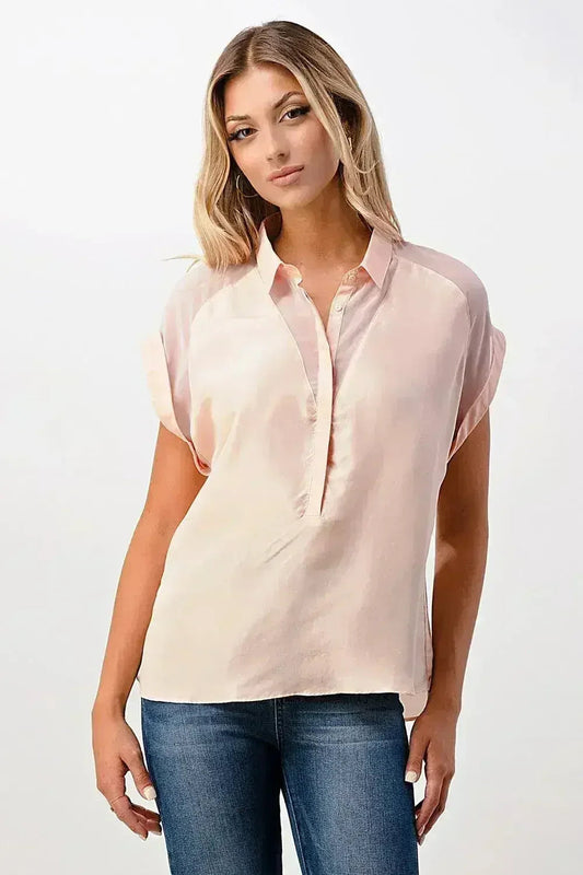 Rolled Sleeve Satin Blouse – Silk V-Neck Button-Up Tope | Femstylo