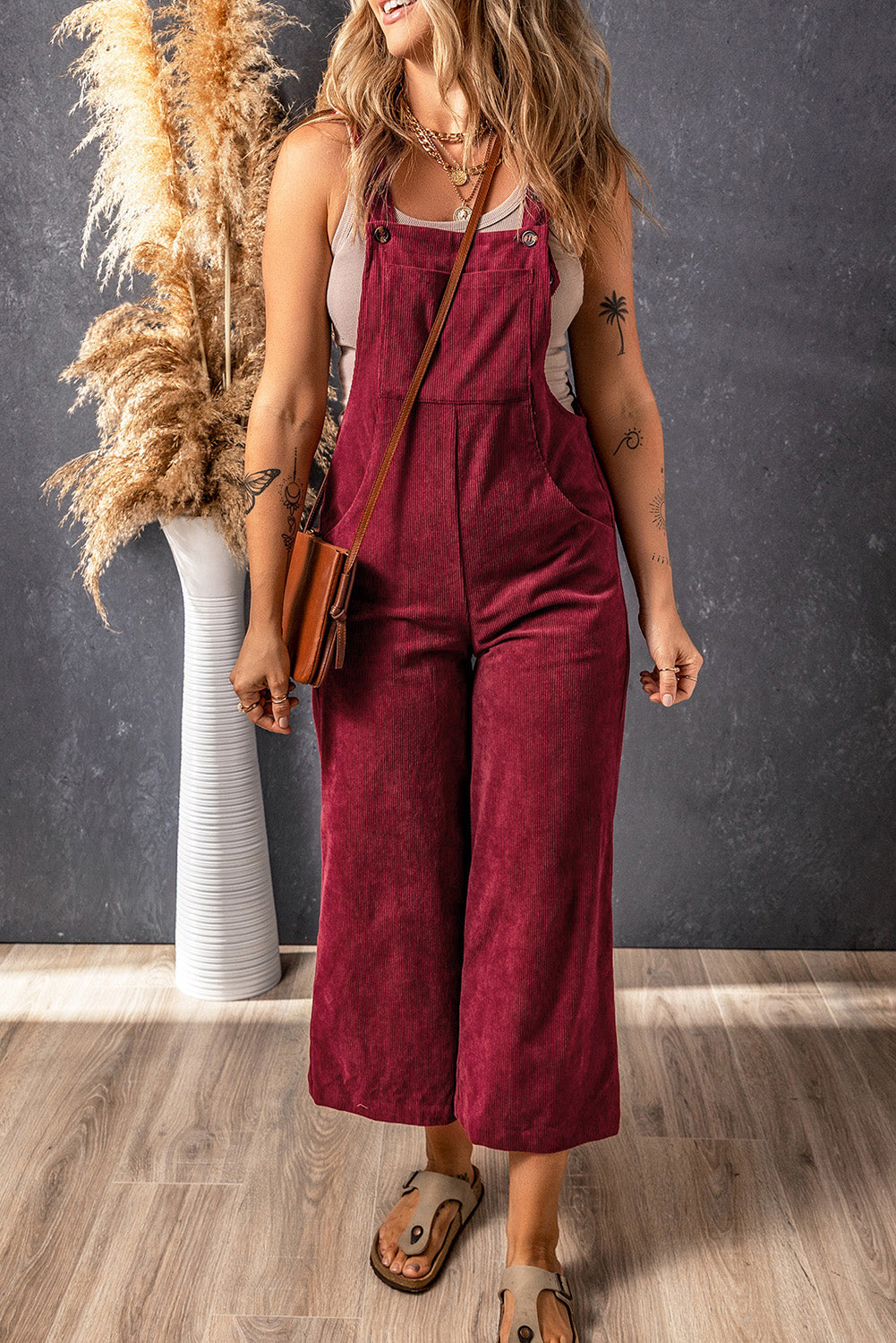 Brown Solid Color Corduroy Wide Leg Bib Overalls
