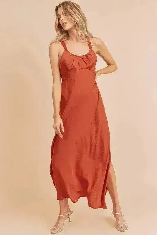 Ruched Cutout Back Maxi Dress | Elegant Slit Cami Dress - Femstylo