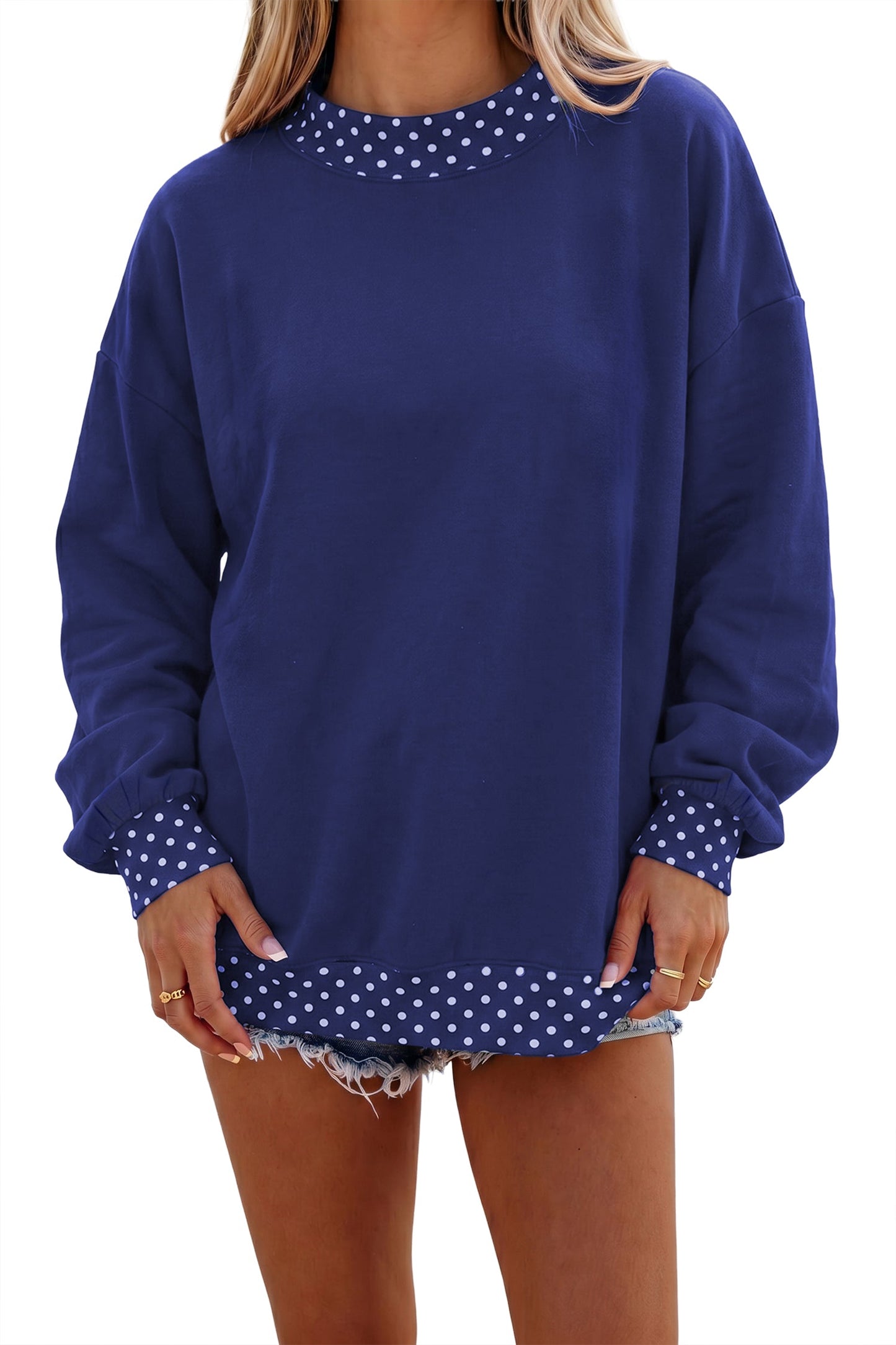 Brown Colorblock Polka Dot Contrast Trim Oversized Sweatshirt