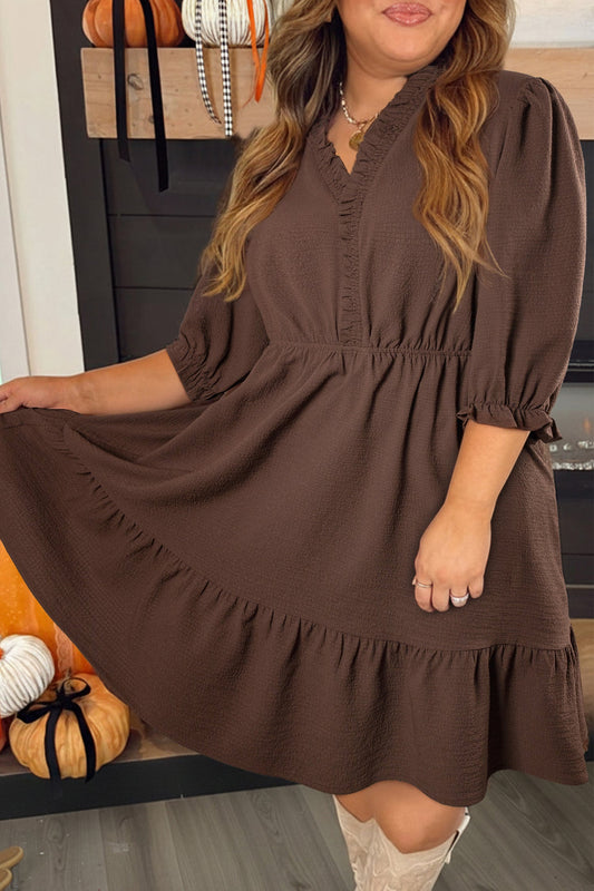Coffee Plus Size Frilled Trim V Neck Puff Sleeve Textured Mini Dress