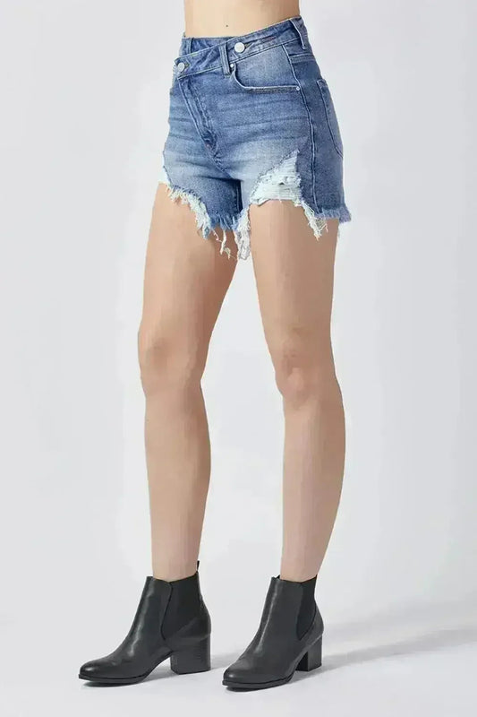 Raw Hem Asymmetrical Waist Denim Shorts - Femstylo