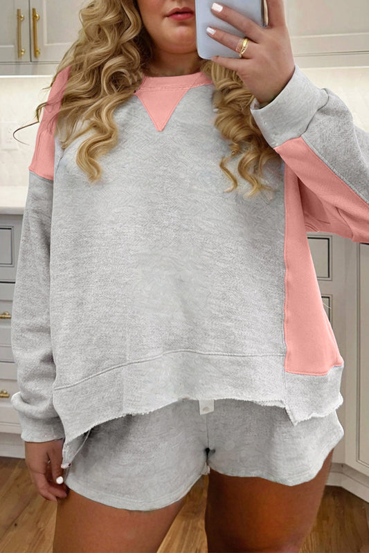 Light Grey Uneven Hem Colorblock Patchwork Pullover Shorts Plus Size 2pcs Outfit