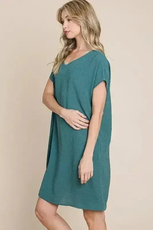 BOMBOM V-Neck Short Sleeve Dress with Pockets