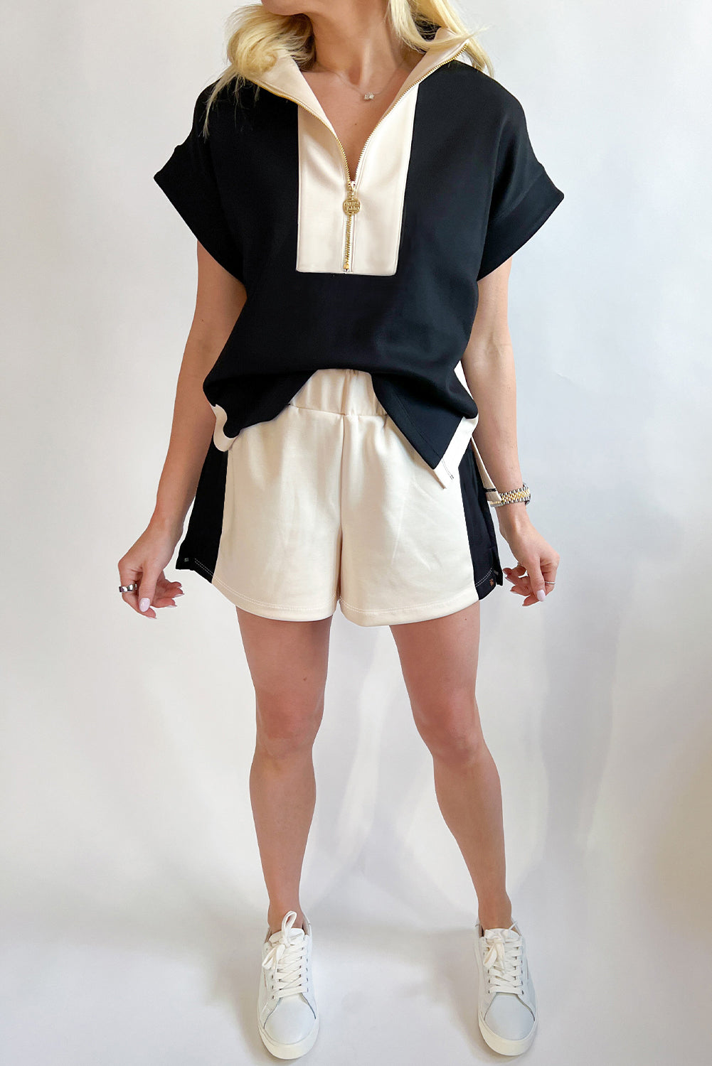 Black Contrast Zipped Stand Collared T Shirt and Short Set